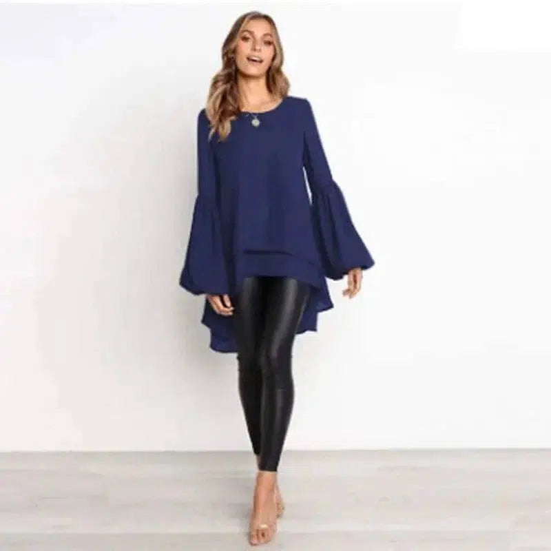 LOVEMI - Lovemi - Round Neck Lantern Sleeve Irregular Ladies Top