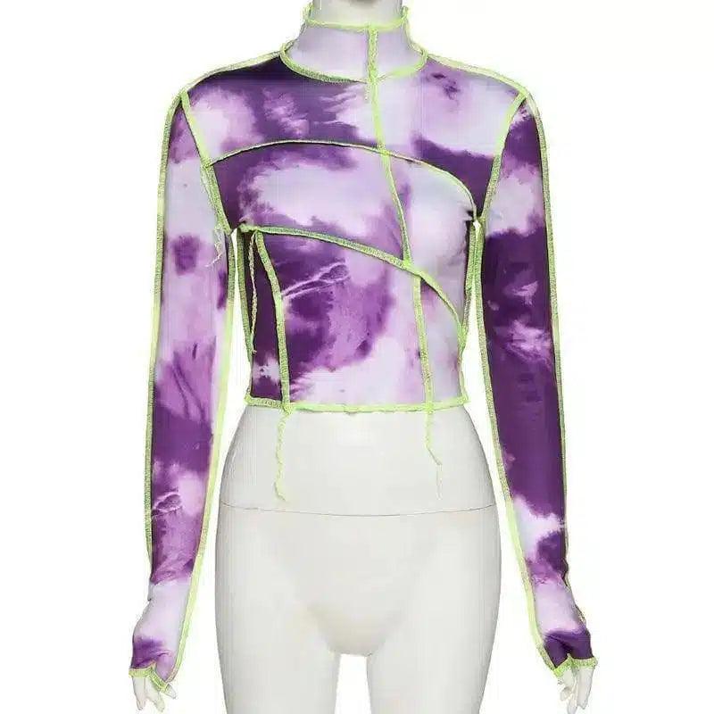 Tie-Front High Neck Long Sleeve Crop Top-Purple-1