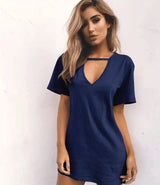 deep V short-sleeved T-shirt loose casual dress-darkblue-81