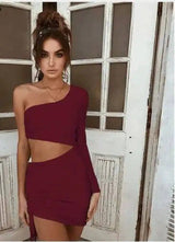 One Shoulder Cutout Long Sleeve Hip Dress-Claret-31