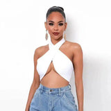 Halter Neck Crop Top for Women-White-1