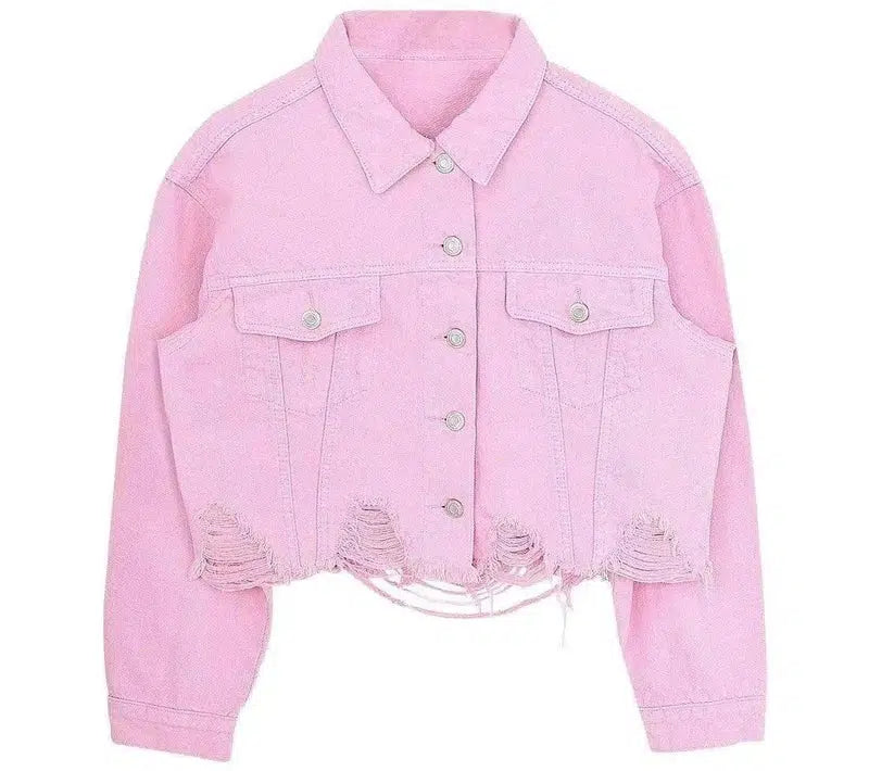 Short cropped denim jacket-Pink-1