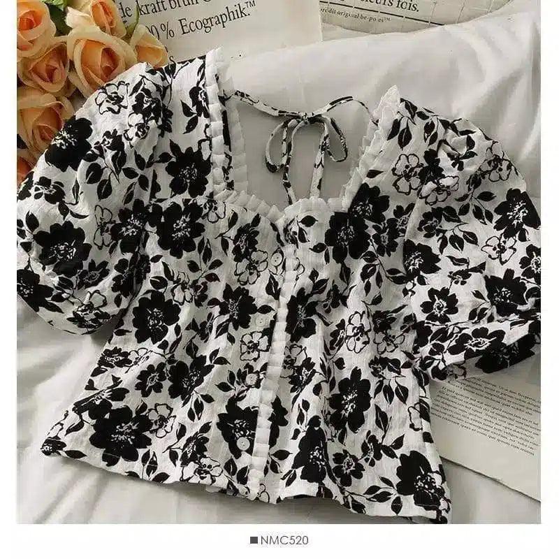 Floral Print Cotton Blouse with Ruffle Detail-Black-2