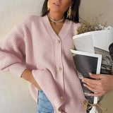 Women's V-Neck Buttoned Knit Cardigan-Pink-1