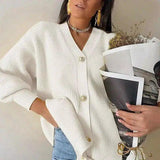 Women's V-Neck Buttoned Knit Cardigan-White-5