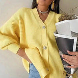 Women's V-Neck Buttoned Knit Cardigan-Yellow-6