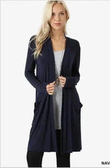 Long Sleeve Open Front Cardigan with Pockets-Navy Blue-5