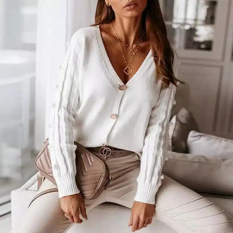 Women's V-Neck Knit Sweater with Button Detail-White-1