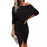 Off-Shoulder Ruched Women's Party Dress-Black-4