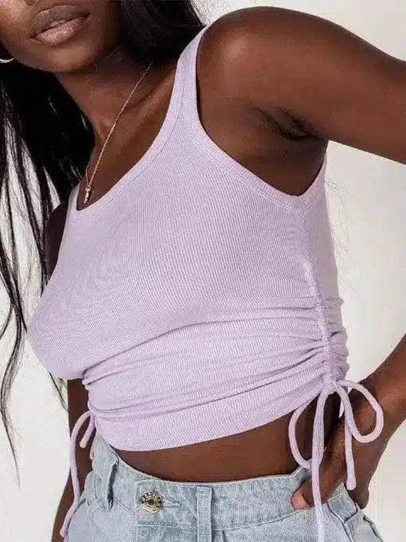 Women's Drawstring Crop Top Tank-Purple-3
