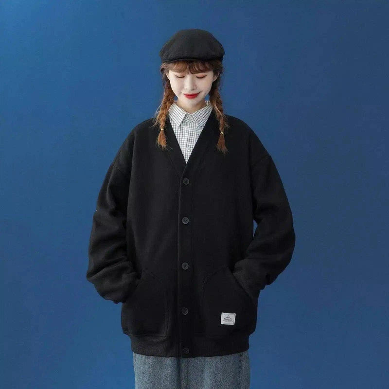 Oversized Fleece Jacket with Button Closure-Black-1