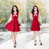 Elegant A-Line Dress with Sheer Sleeves and Bow-Red-1