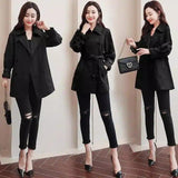 Women's Belted Trench Coat with Buttoned Pockets-Black-2