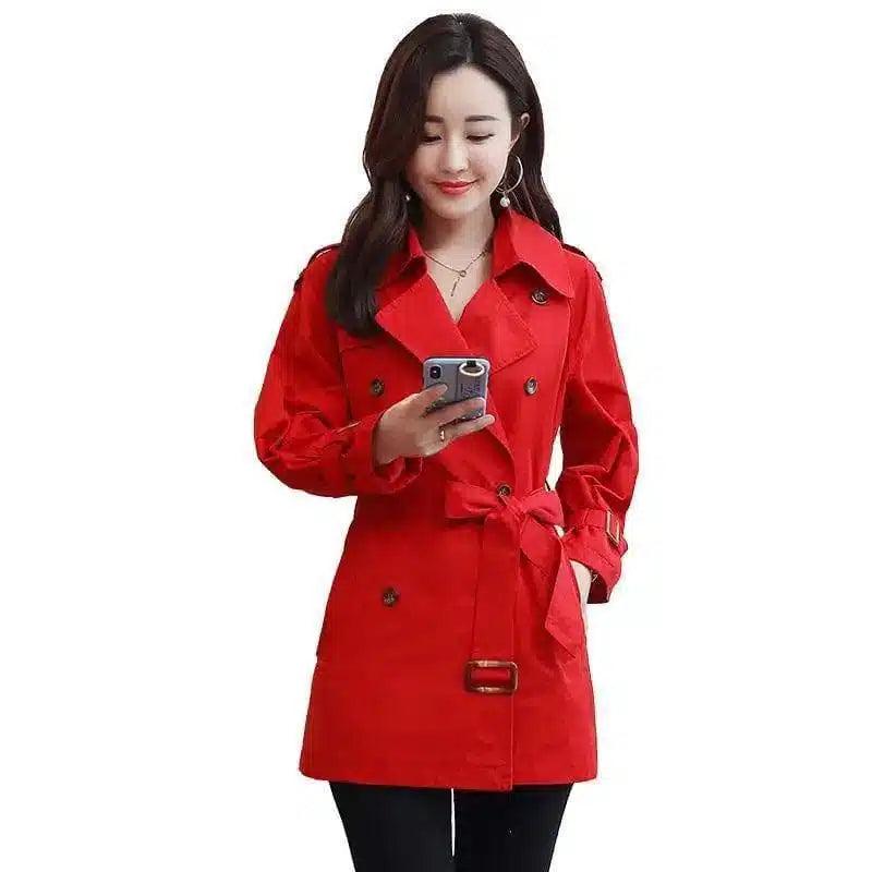 Women's Belted Trench Coat with Buttoned Pockets-Red-3