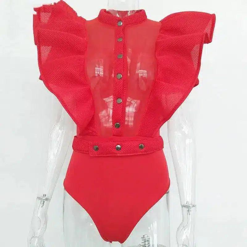 White Sheer Bodysuit with Dramatic Ruffles – High Fashion-Red-2