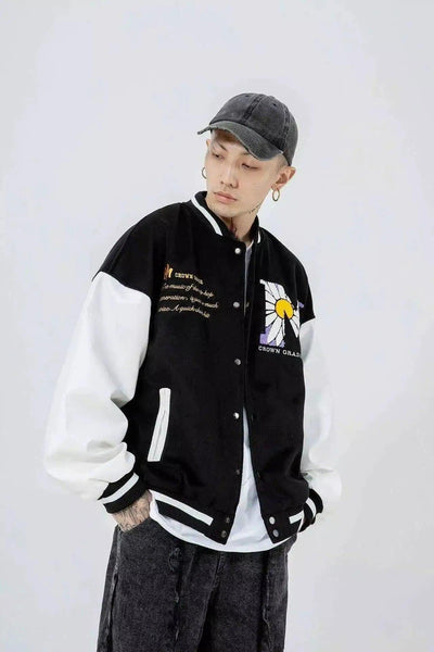 Floral Embroidered Varsity Jackets Unisex-Black-2