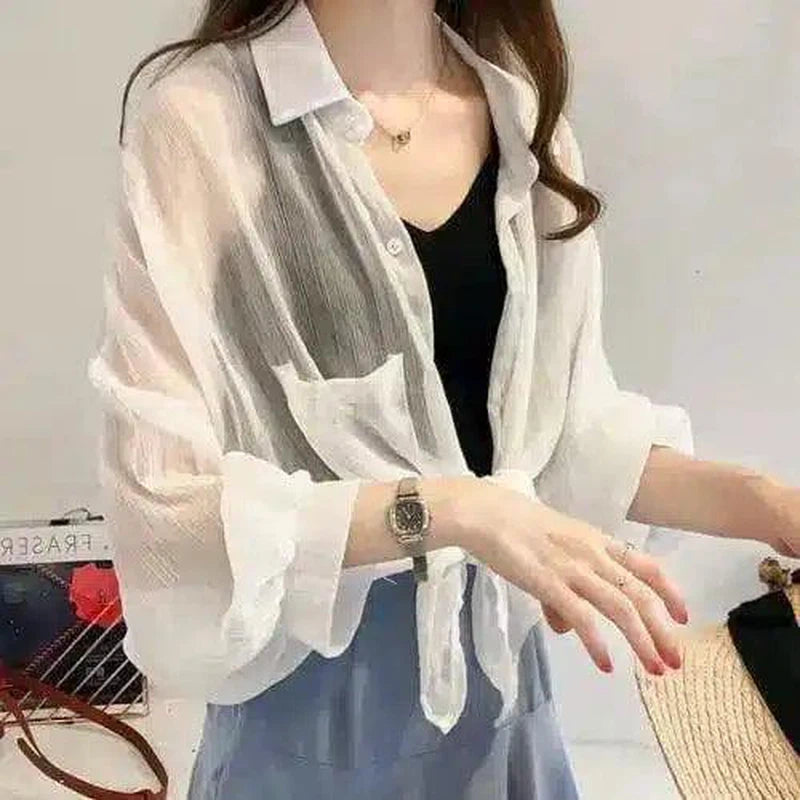 Women's Casual Striped Button-Up Shirt-White-2