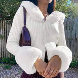 Chic Cardigan with Fur Collar and Cuffs-White-3