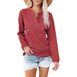 Top Solid Color V-Neck Long-Sleeved T-Shirt Polo Shirt Women-Red-7