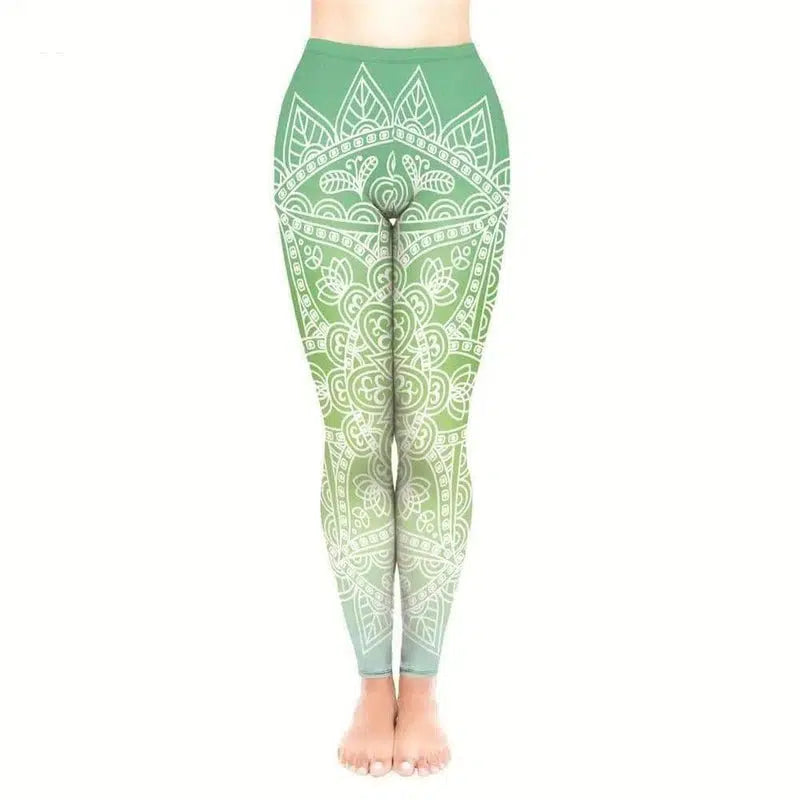 Totem print nine-minute pants-Green-1