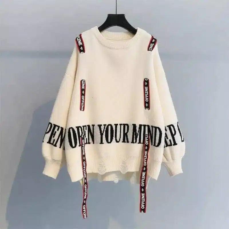 Slogan Crew Neck Oversized Knit Sweater-Beige-4