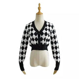 Checkered V-Neck Knit Cardigan for Women-Black white-1