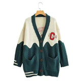 Varsity Cardigan Sweater with Pockets-Green-1