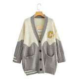 Varsity Cardigan Sweater with Pockets-Grey-2