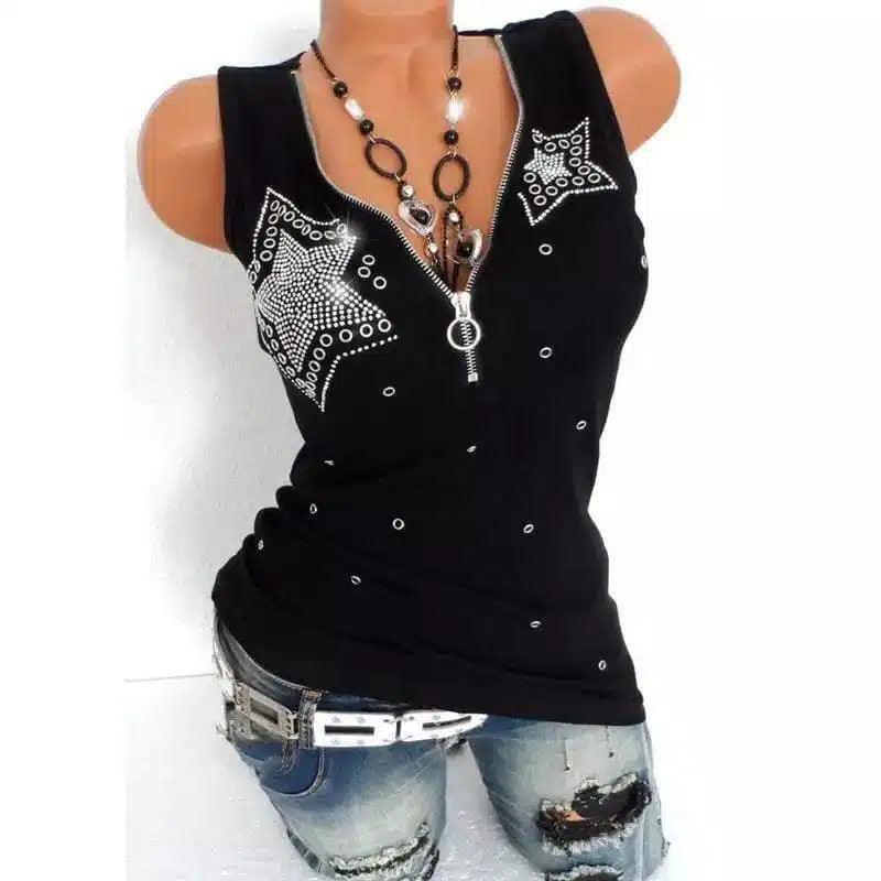 Women's Sleeveless V-Neck Tank Top with Rhinestones-Black-3