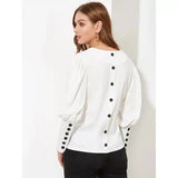 Button-Back Blouse with Cuff Detail-white-1