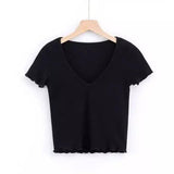 Women's Fitted V-Neck Ribbed Tee-Black-2