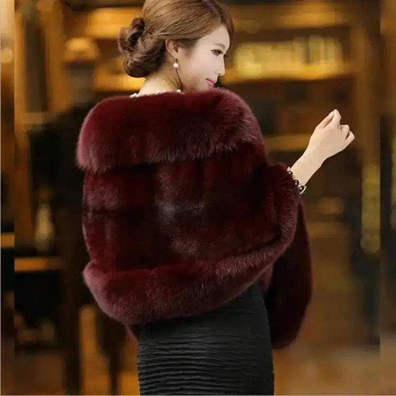 Luxury Faux Fur Women's Jacket-Wine Red-5