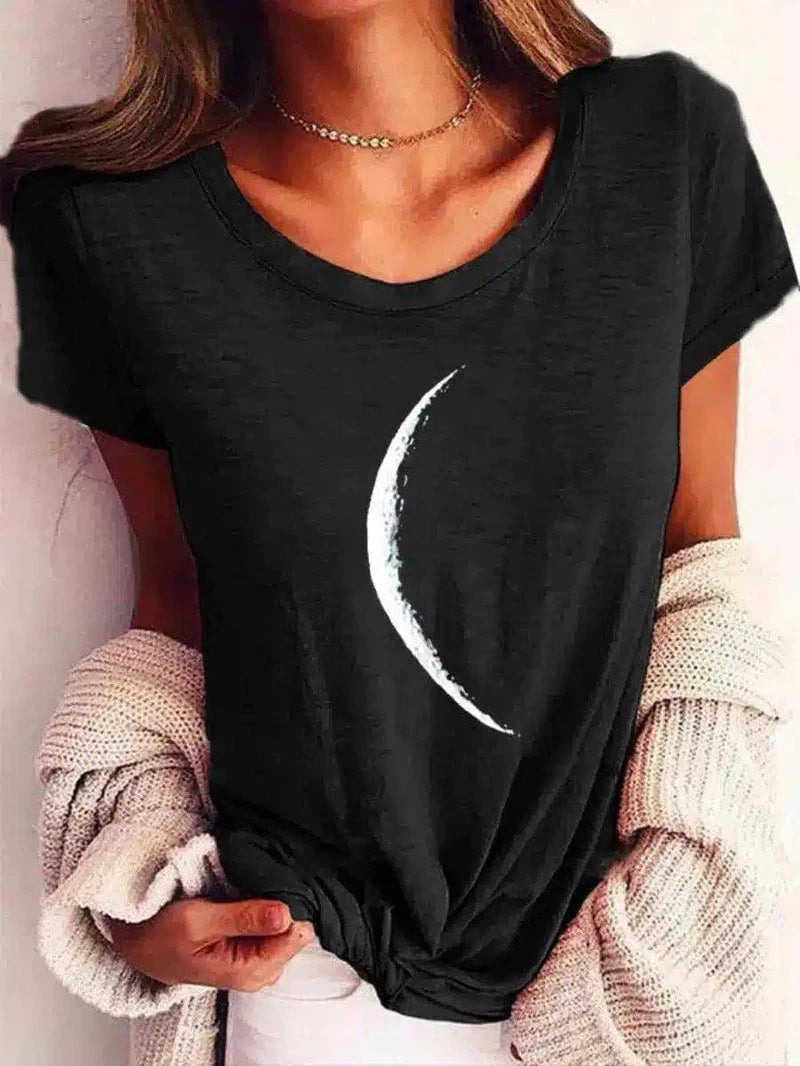 Crescent Moon Print Casual Women's Tee-Black-2