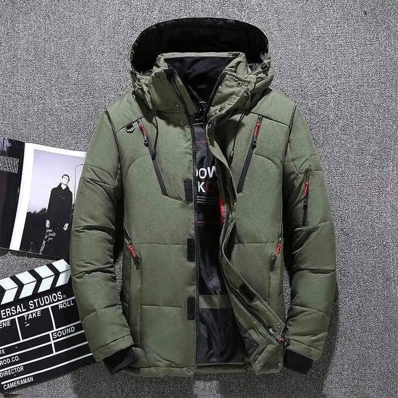 Winter Thick Men Jacket Solid Hooded Coats Hat Detachable-Green-4