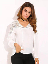 Women Blouse Long Sleeve Lace Trim Tie V-neck Shirt-White-2