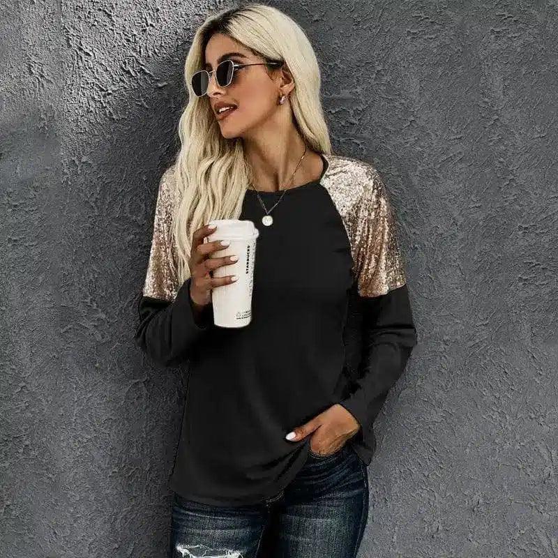 Women's Long Sleeve Sequin Shoulder Top-1