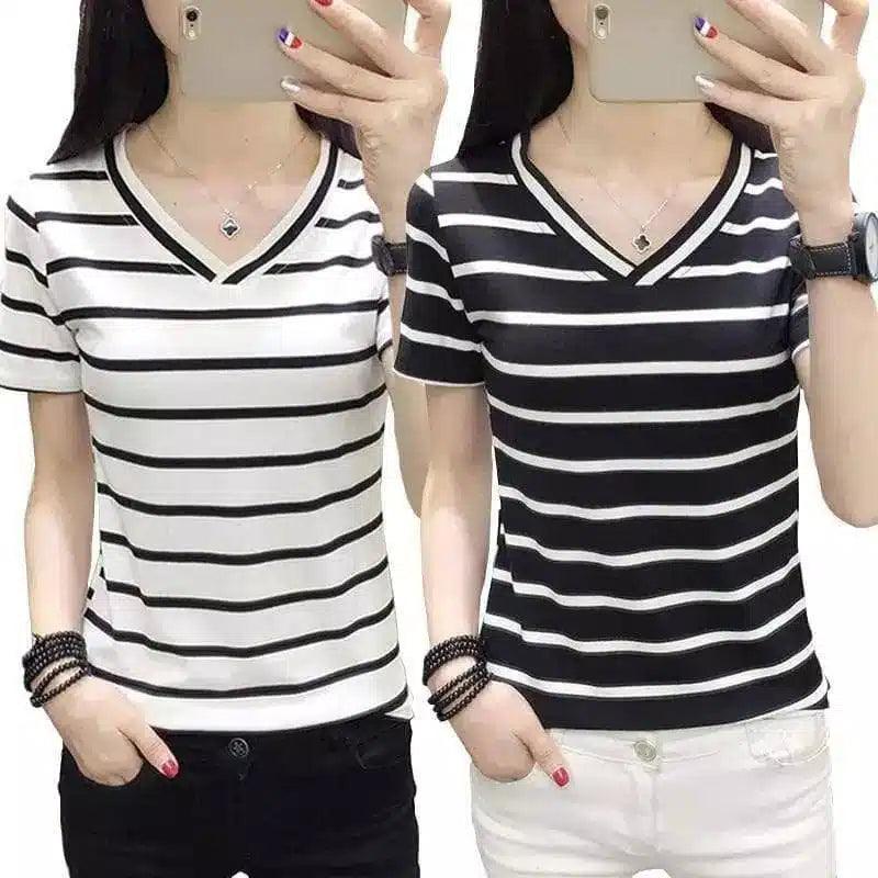 LOVEMI - Lovemi - Women's Black And White Striped V-neck