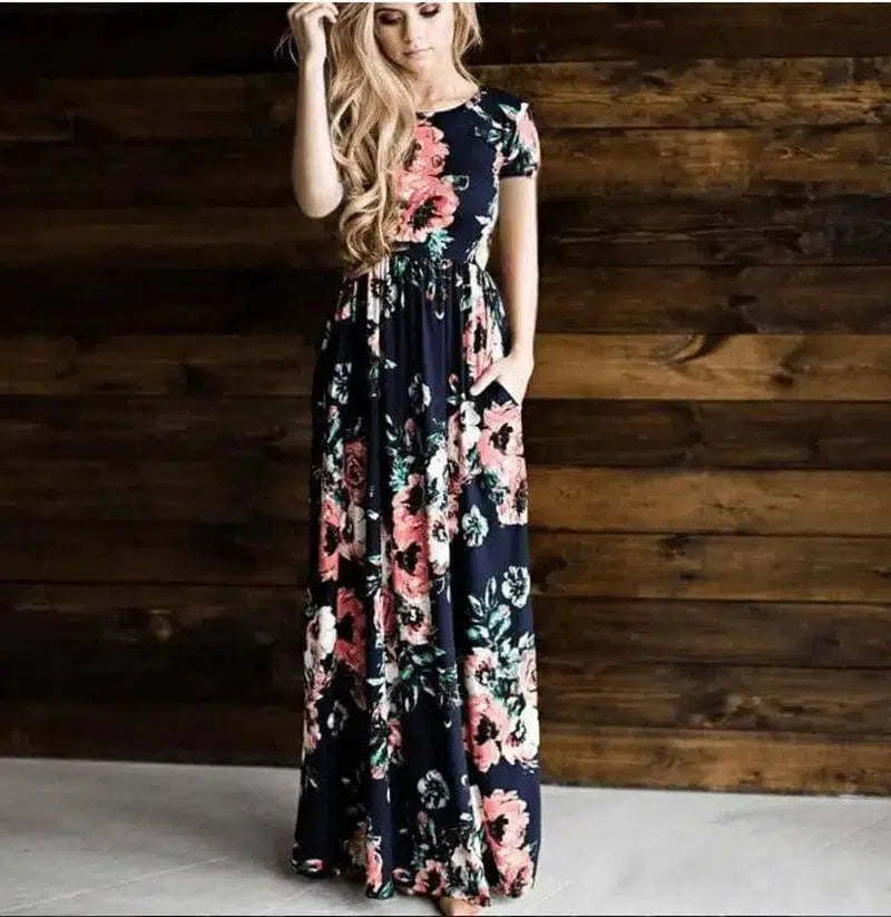 Women's Flower Printing Maxi Dress-DarkBlue-20