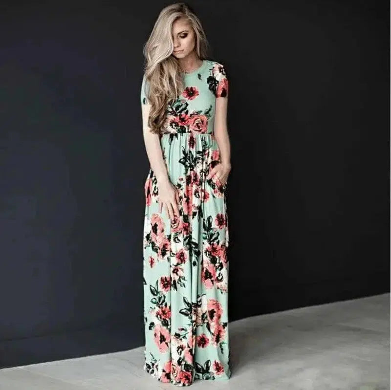 Women's Flower Printing Maxi Dress-Green-6