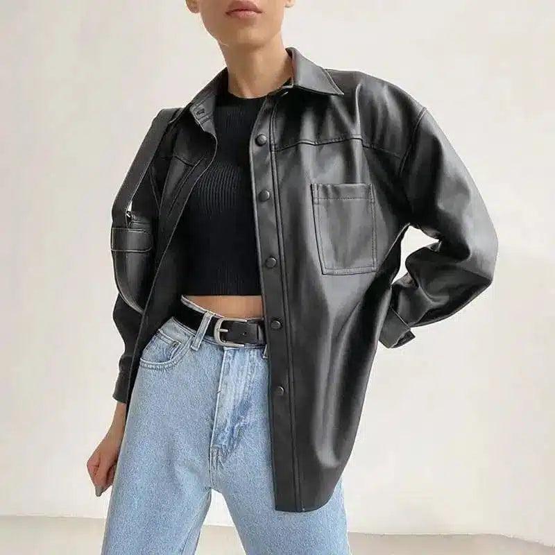 Chic Faux Leather Womens Jackets for All Seasons-Black-1