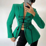 Women's Long-sleeved Tie-up Mid-length Suit-Green-1