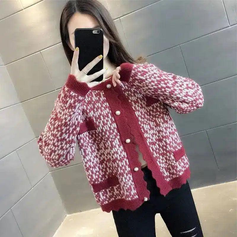 Women's Knit Cardigan Sweater Button-Up-Wine Red-1