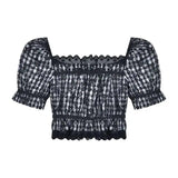 Women''s summer design with one shoulder wood ear Plaid-Plaid shirt-2