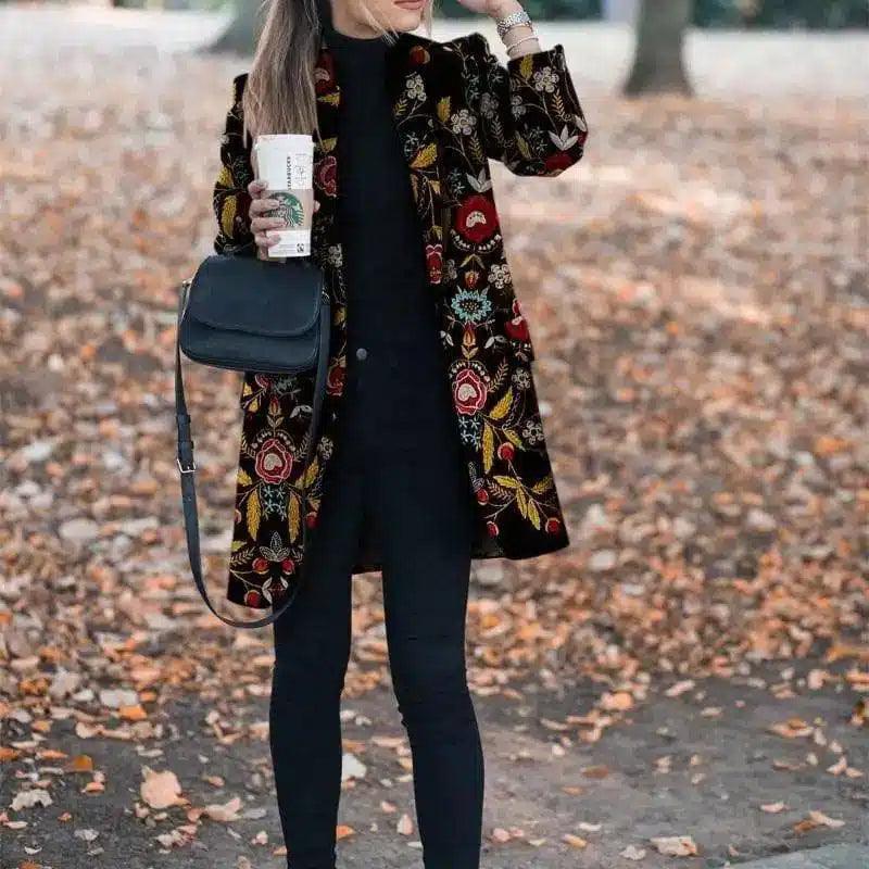 Floral Print Women's Long Coat-Picture color-1