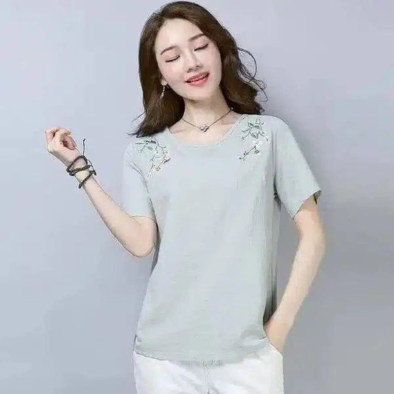 Women's Embroidered Casual T-Shirt-Green-2