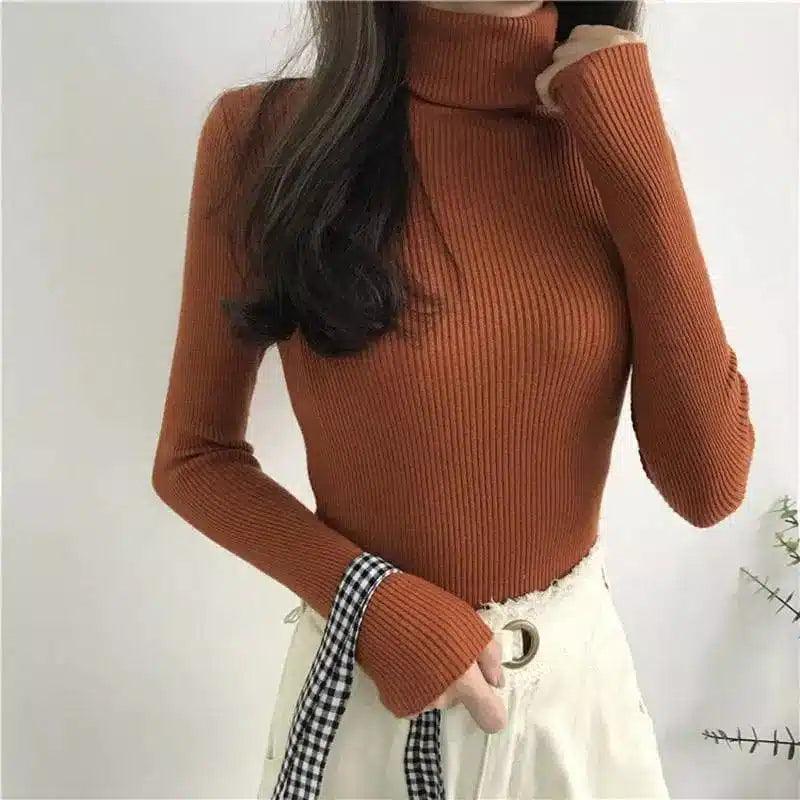 Women's Ribbed Turtleneck Sweater Slim Fit-Caramel-7