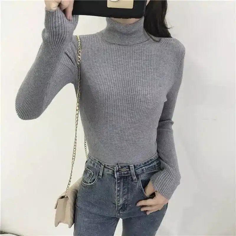 Women's Ribbed Turtleneck Sweater Slim Fit-Grey-8