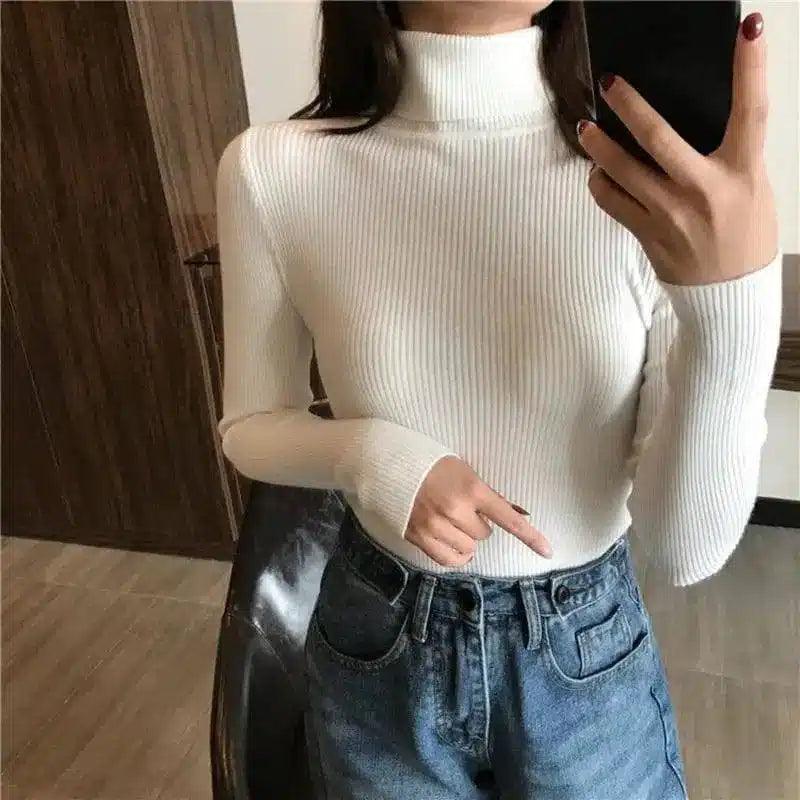 Women's Ribbed Turtleneck Sweater Slim Fit-White-10