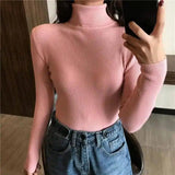 Women's Ribbed Turtleneck Sweater Slim Fit-Pink-6