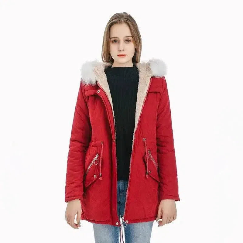 Medium length coat with large fur collar-Red-6